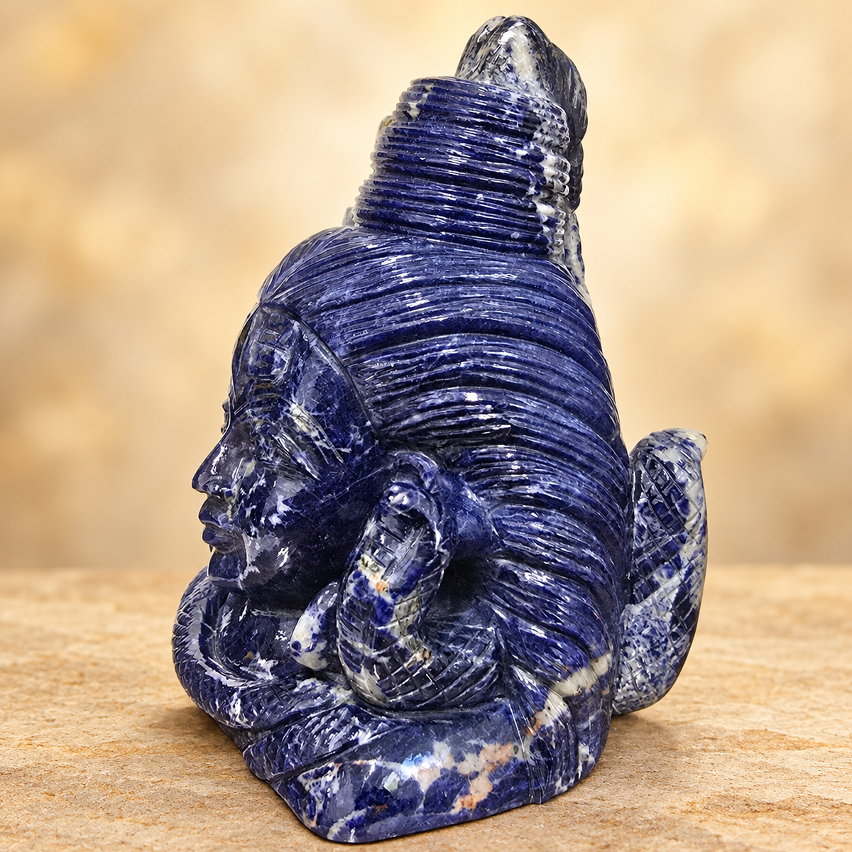 One-of-a-Kind Hand-Carved Sodalite Shiva Head with Cobras – 6"