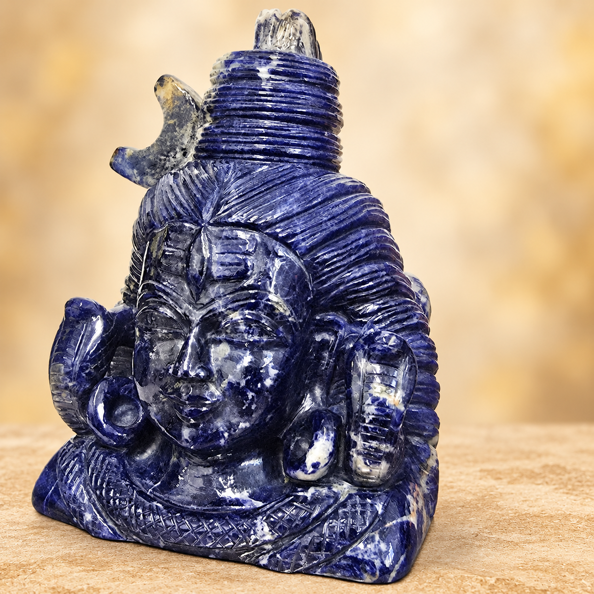 One-of-a-Kind Hand-Carved Sodalite Shiva Head with Cobras – 6"