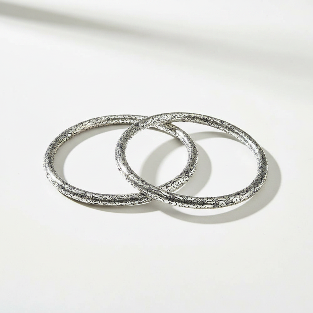 925 Sterling Silver Engraved Floral Bangle Set of 2 | 2.5" Diameter