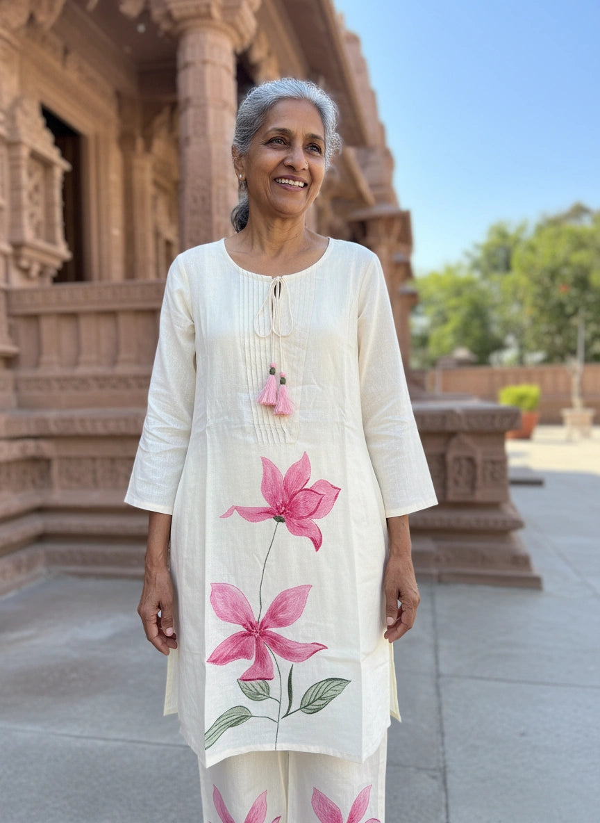 Cotton Pink Flower Kurti Set - Matchless Gifts
