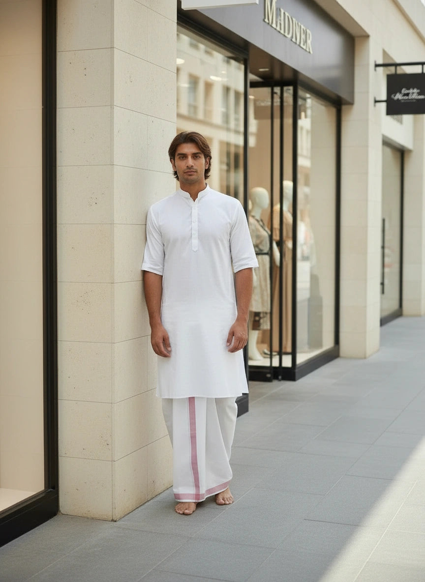 White Short Sleeve Kurta w/ Collar | Traditional Indian Devotional Clothing