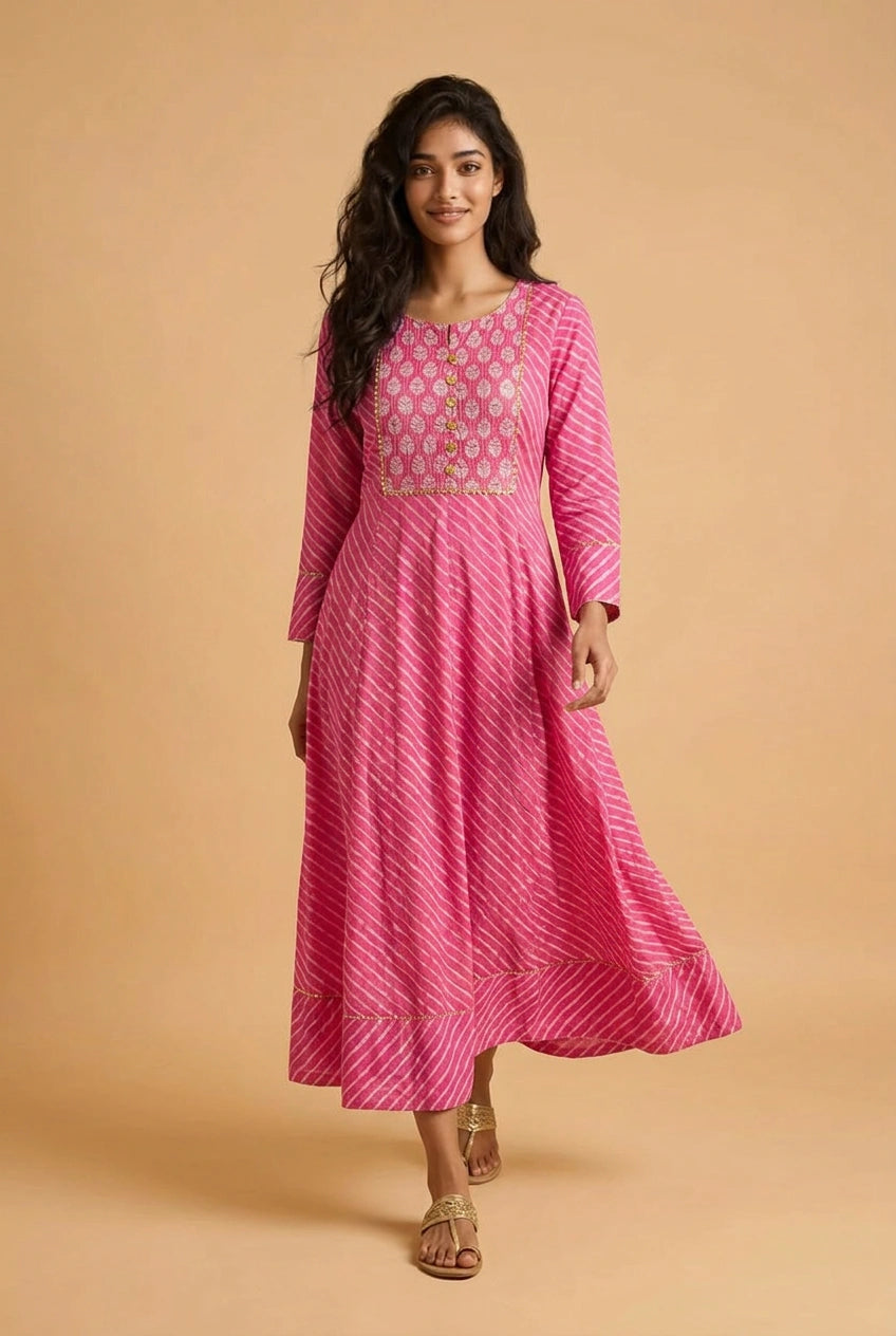 Women's Cotton Gold Button Anarkali Dress
