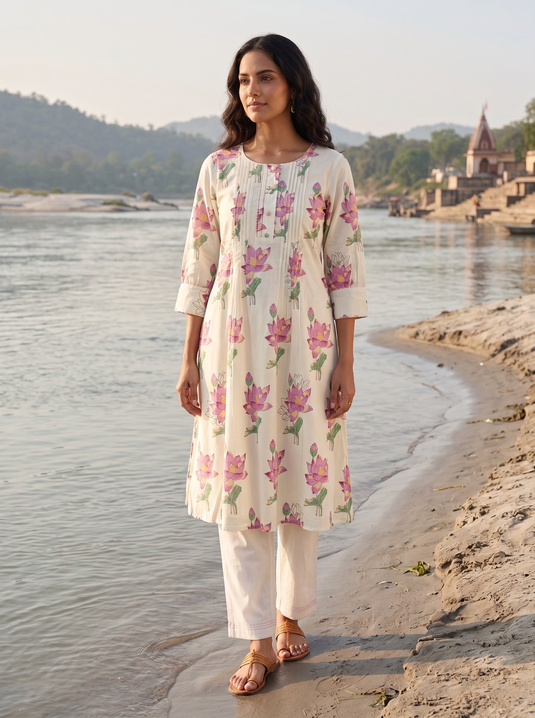 Women's 100% Cotton Kurti Set with Lotus Print