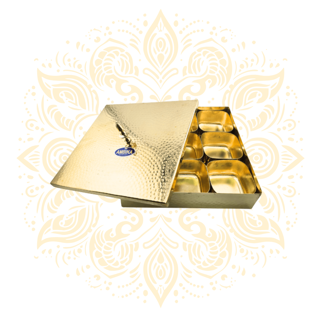 Square Brass Spice Container Masala Dabba w/ Spoon - Matchless Gifts