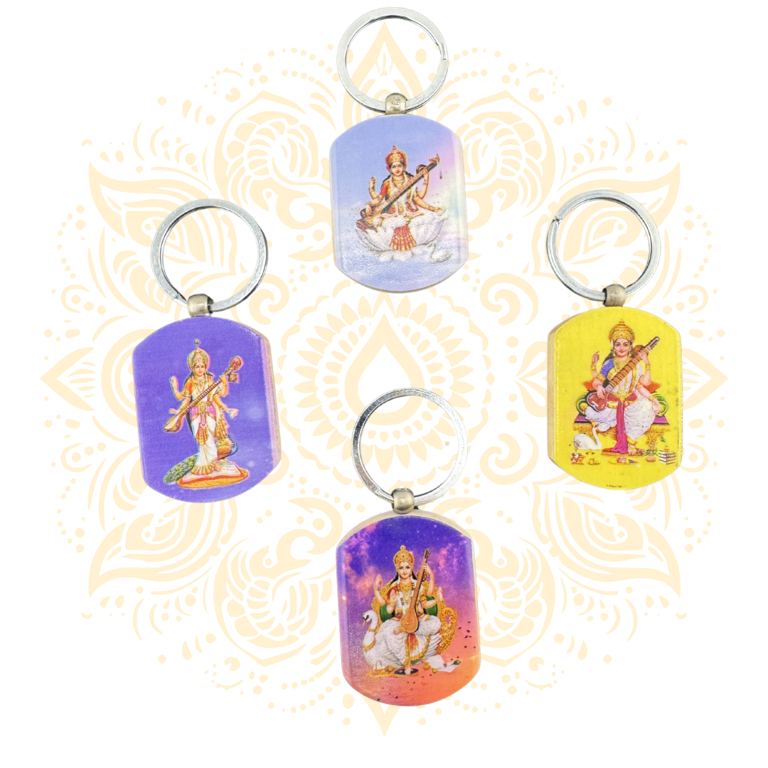 Wooden Saraswati Key Chain 2" x 1.5" - Matchless Gifts