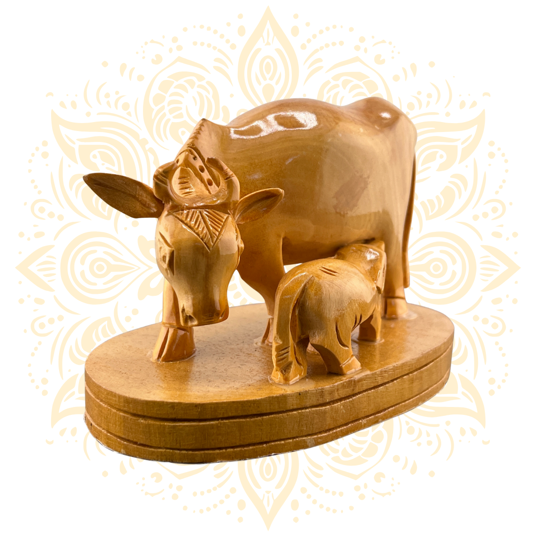 Hand-Carved Wooden Cow and Calf Murti 3" - Matchless Gifts1