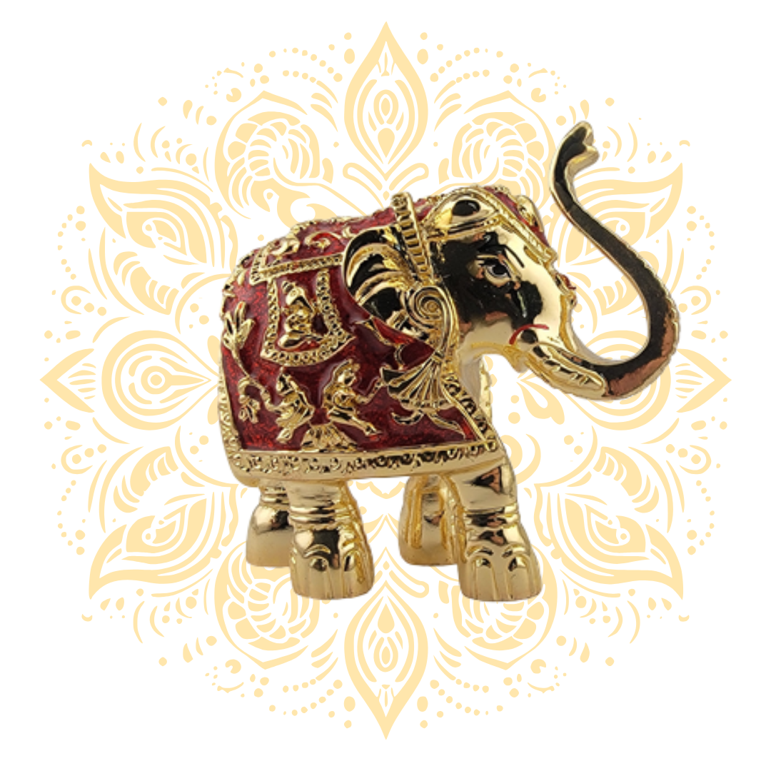 Golden Elephant w/ Raised Trunk Red/Green Howdah 3"