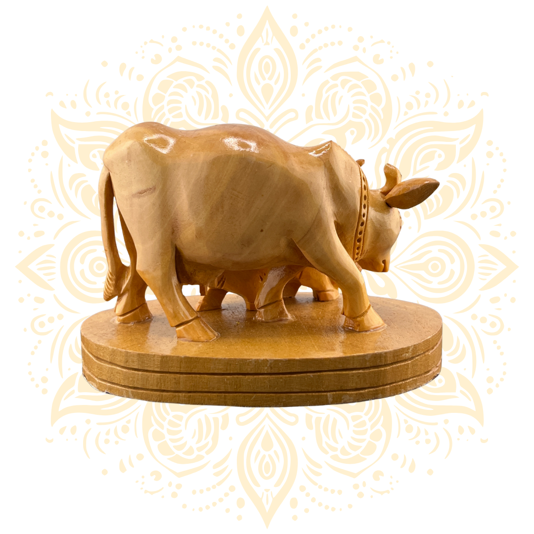 Hand-Carved Wooden Cow and Calf Murti 3" - Matchless Gifts2