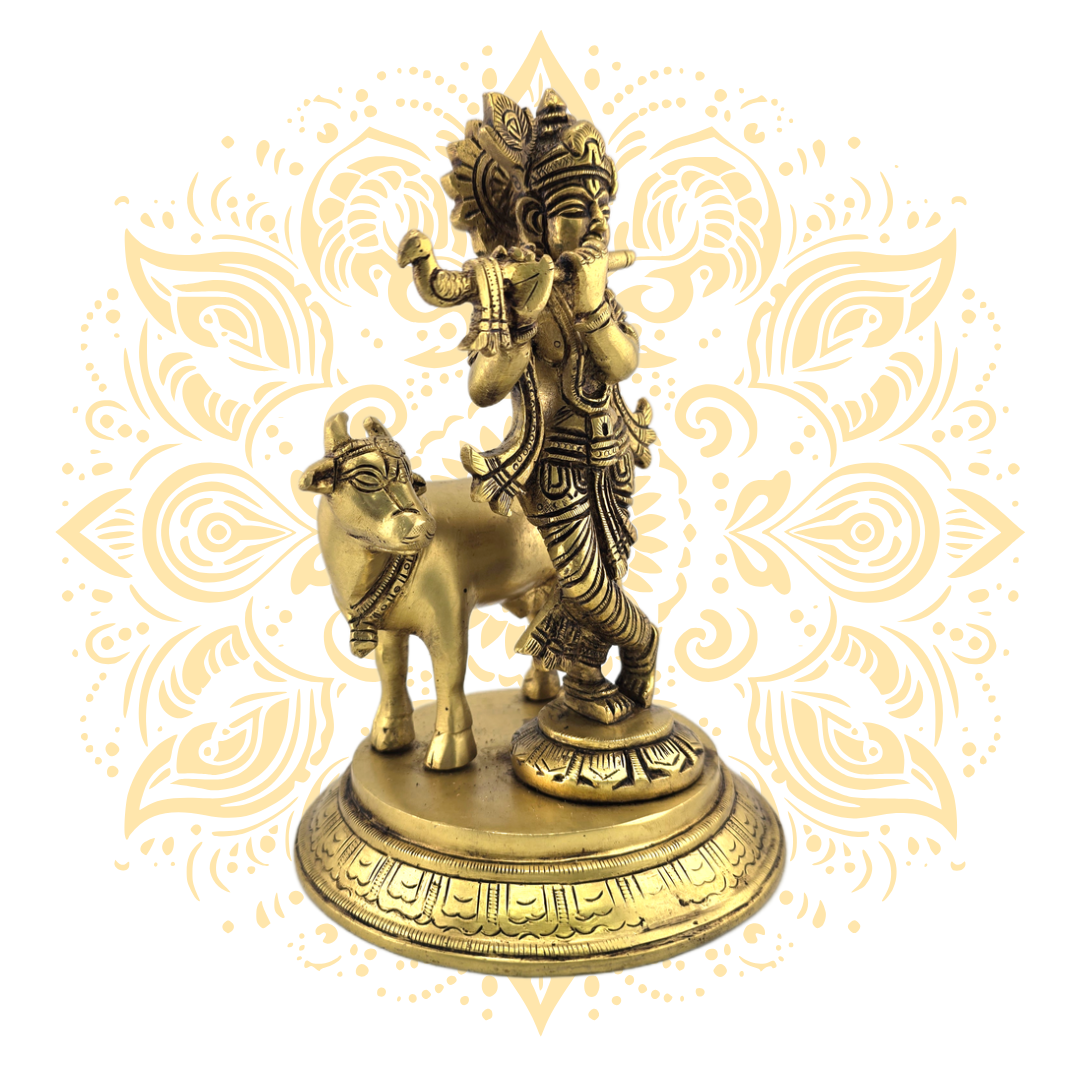 Brass Krishna w/ Cow 7"