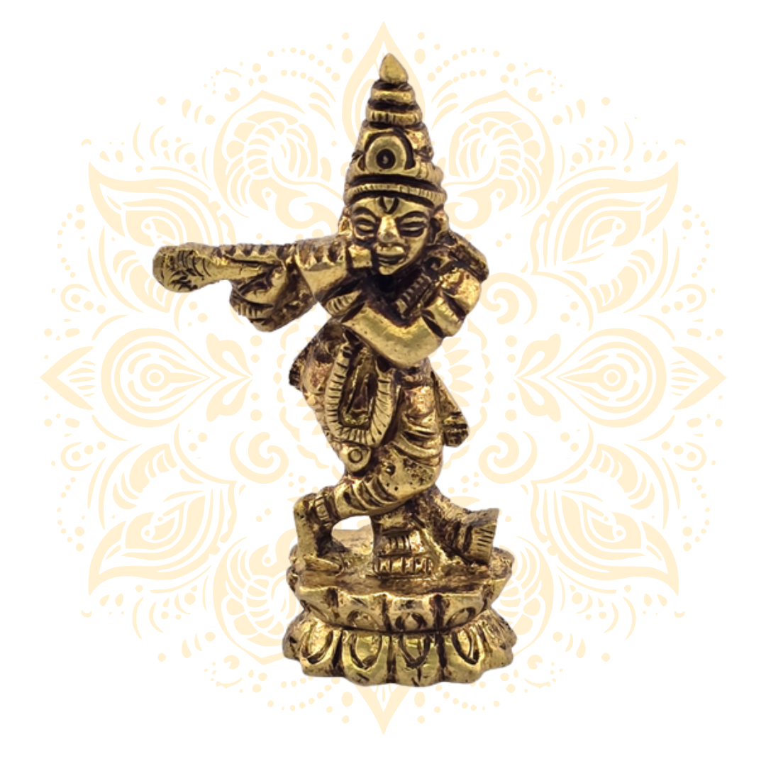 Brass Lord Krishna Statue 3" Flute Playing - Matchless Gifts