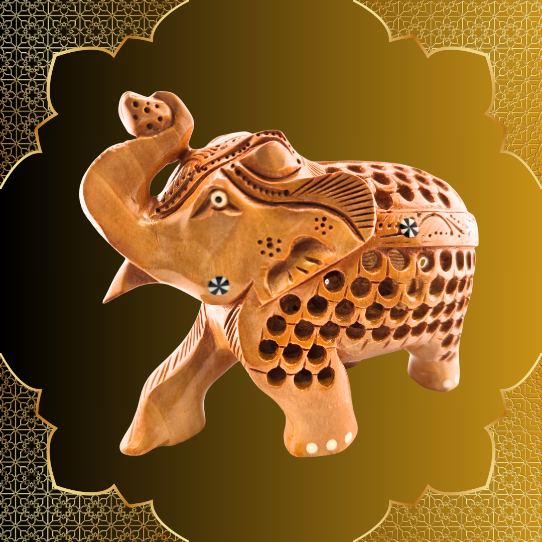 Wooden Jali Trunk Up Elephant Figurine - Matchless Gifts8