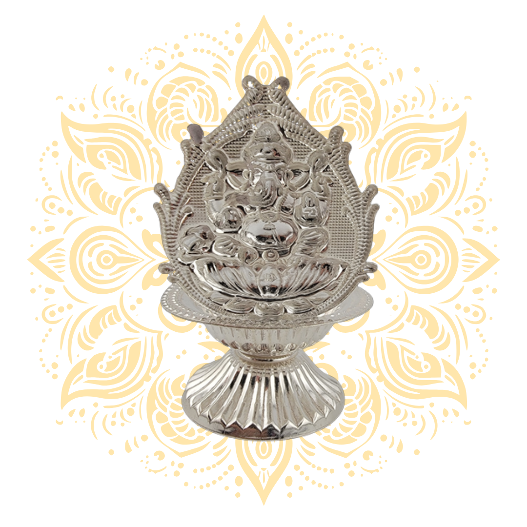 Silver Ganesh on Lotus Diya Oil Lamp 2.75" x 3"