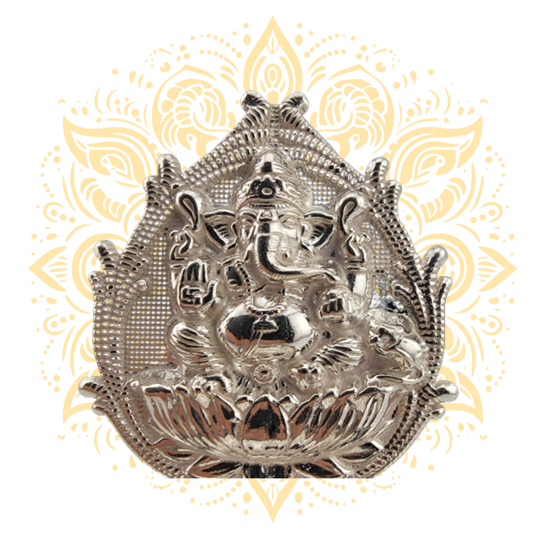 Silver Ganesh on Lotus Diya Oil Lamp 2.75" x 3"
