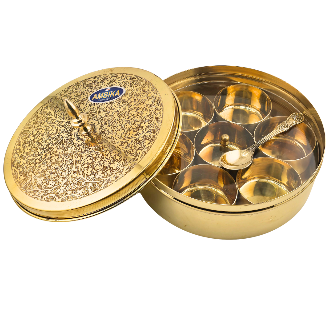 Brass Spice Container Masala Dabba w/ Spoon - Matchless Gifts11