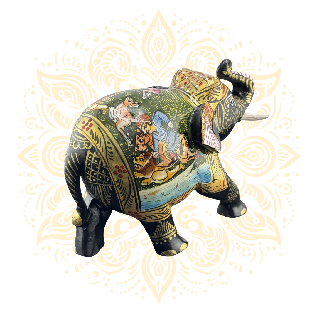 Wooden Black Painted Elephant Flower Work