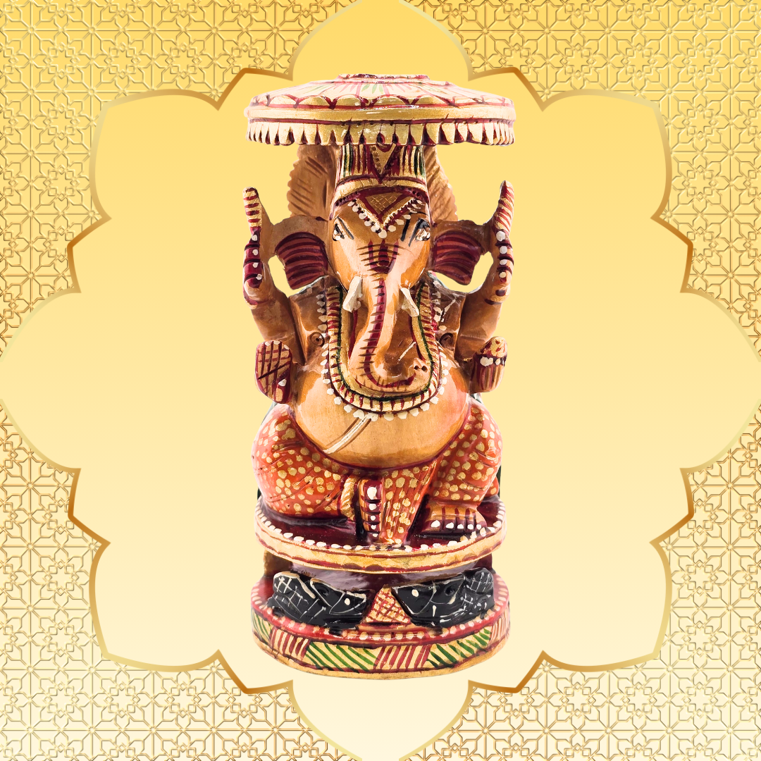 Hand-Carved Wooden Chatri Ganesh