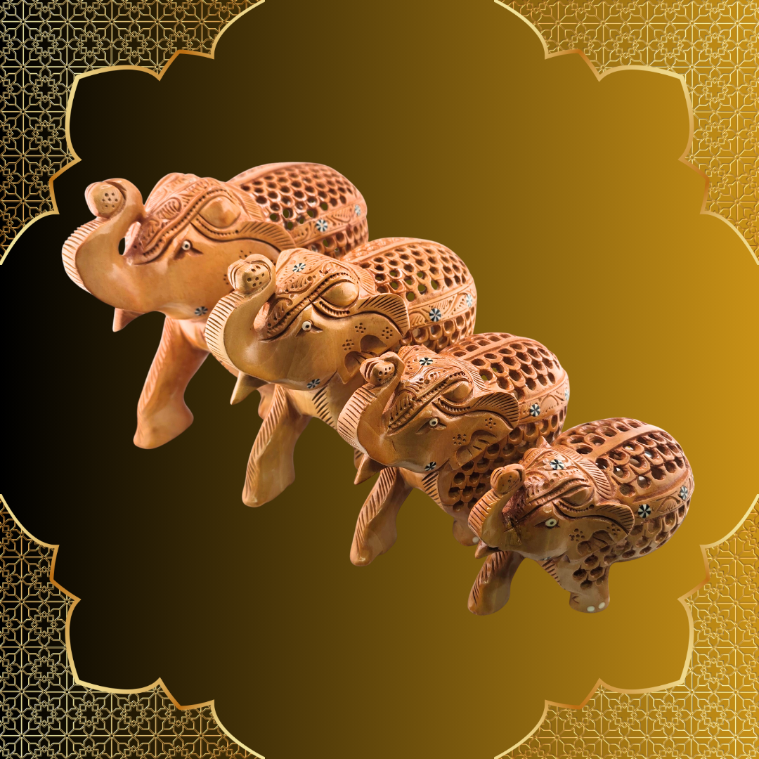Wooden Jali Trunk Up Elephant Figurine - Matchless Gifts3