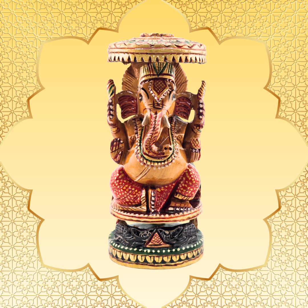 Hand-Carved Wooden Chatri Ganesh