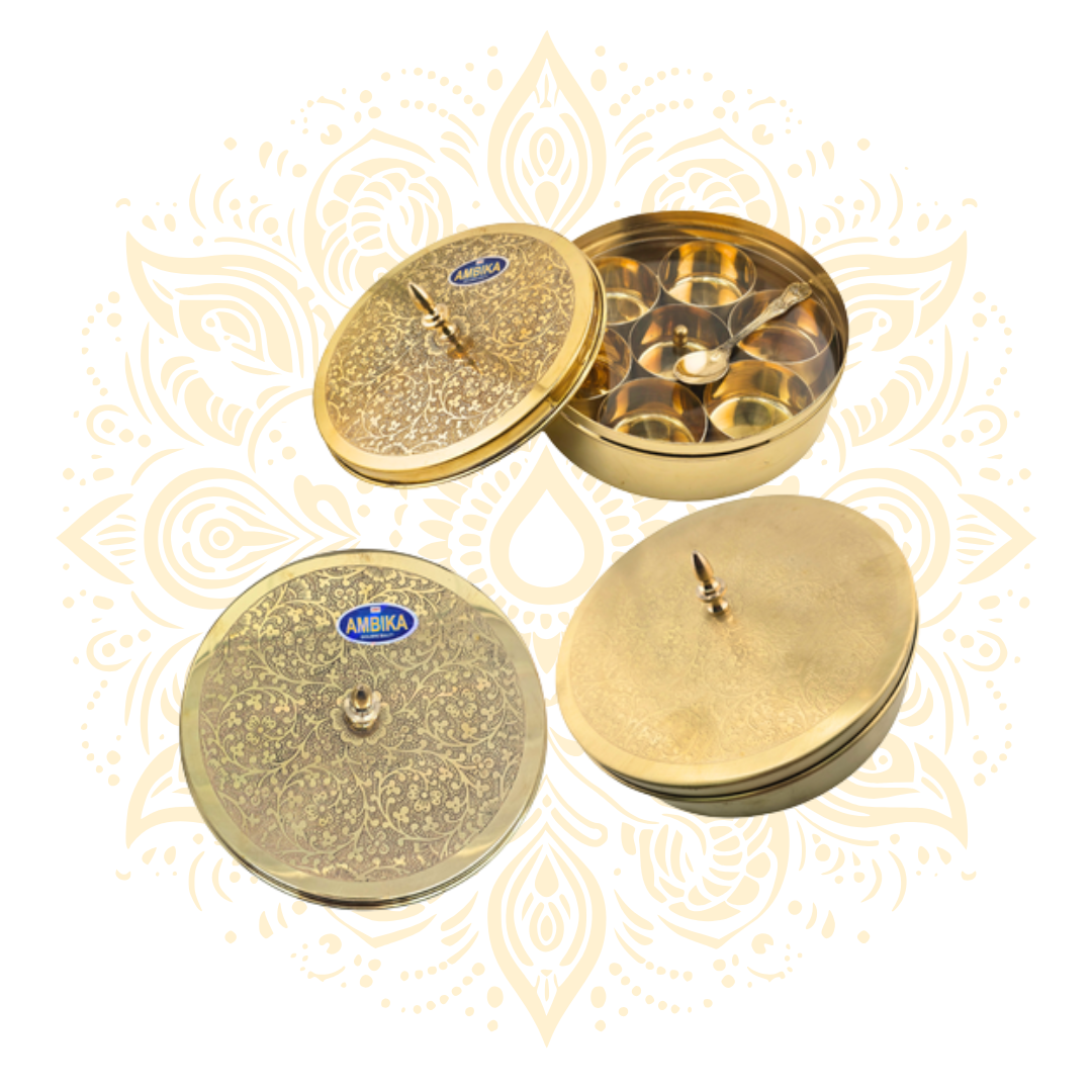 Brass Spice Container Masala Dabba w/ Spoon - Matchless Gifts1