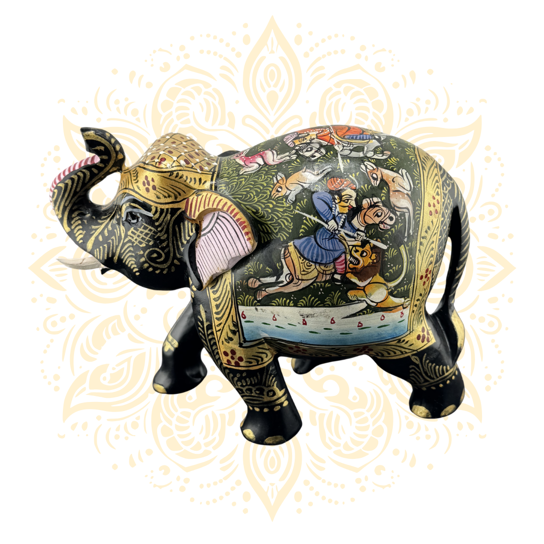 Wooden Black Painted Elephant Flower Work