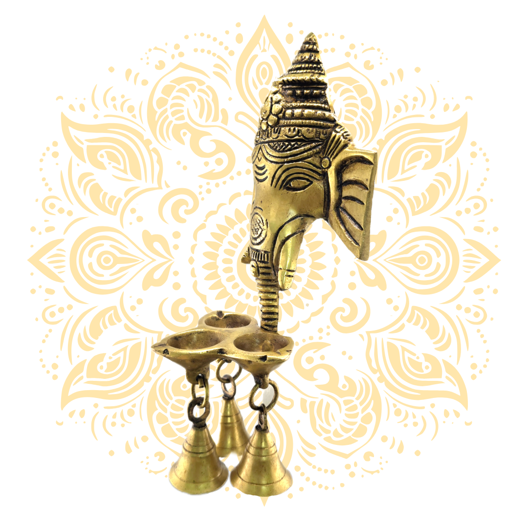 9'' Ganesha Hanging Three Deepak w/ Bells Brass