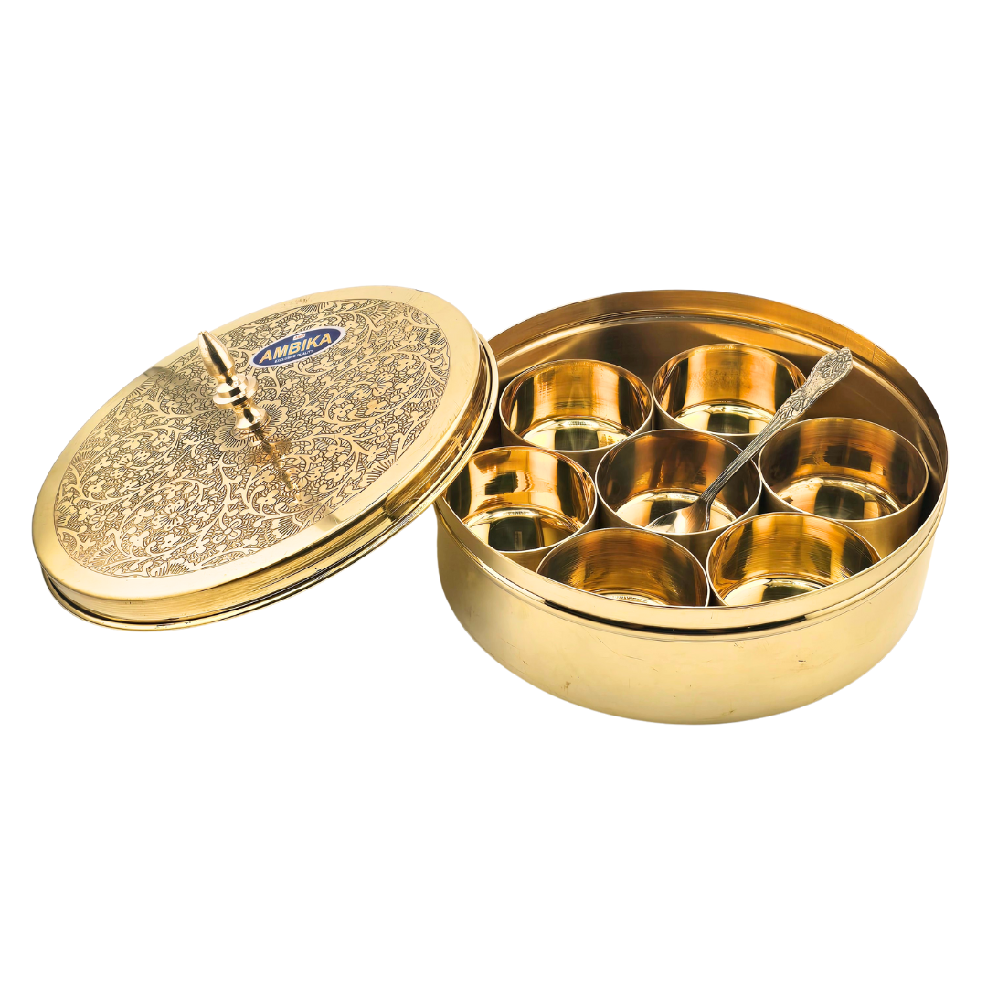 Brass Spice Container Masala Dabba w/ Spoon - Matchless Gifts3