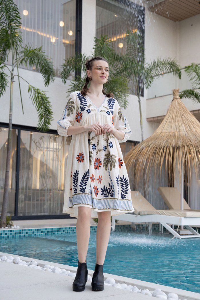 Women's Cotton V-Neck Embroidered Dress - Matchless Gifts