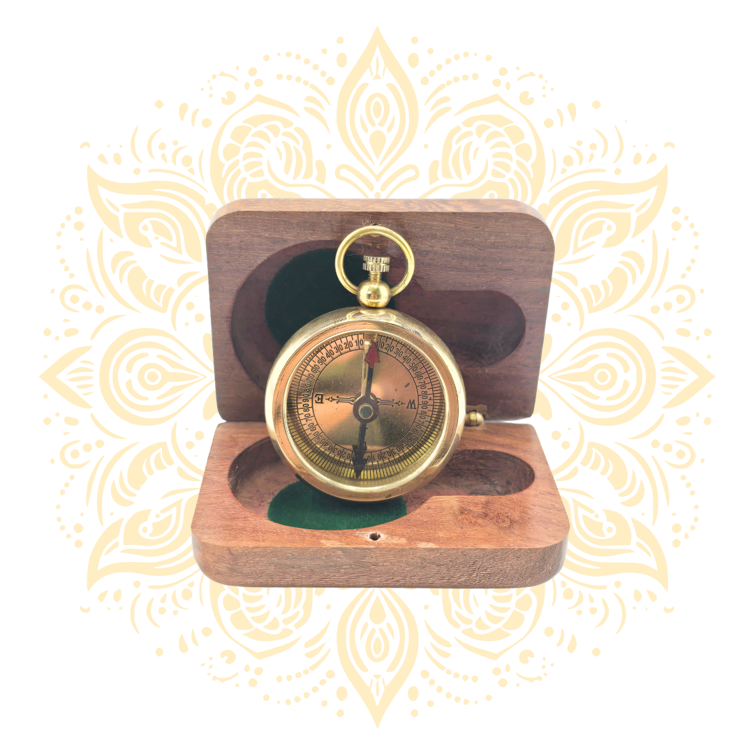 Mini Vintage Brass Pocket Compass – 1.5 Inch Antique Navigation Compass with Wooden Case