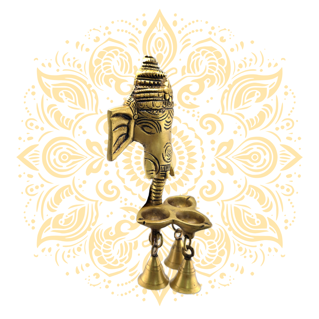 9'' Ganesha Hanging Three Deepak w/ Bells Brass