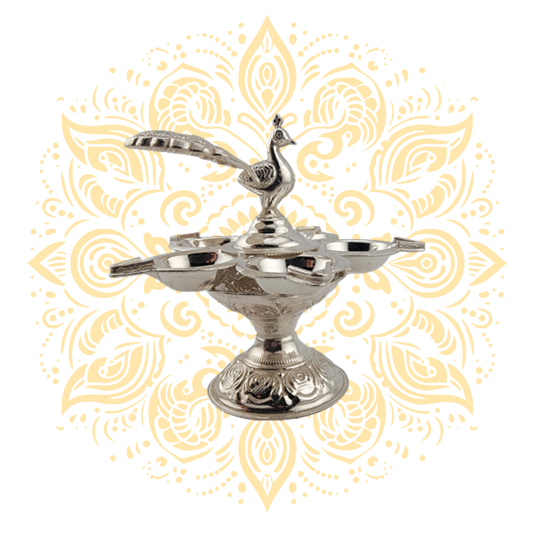 Silver Peacock Diya w/ Five Oil Holders 3" 42 Grams