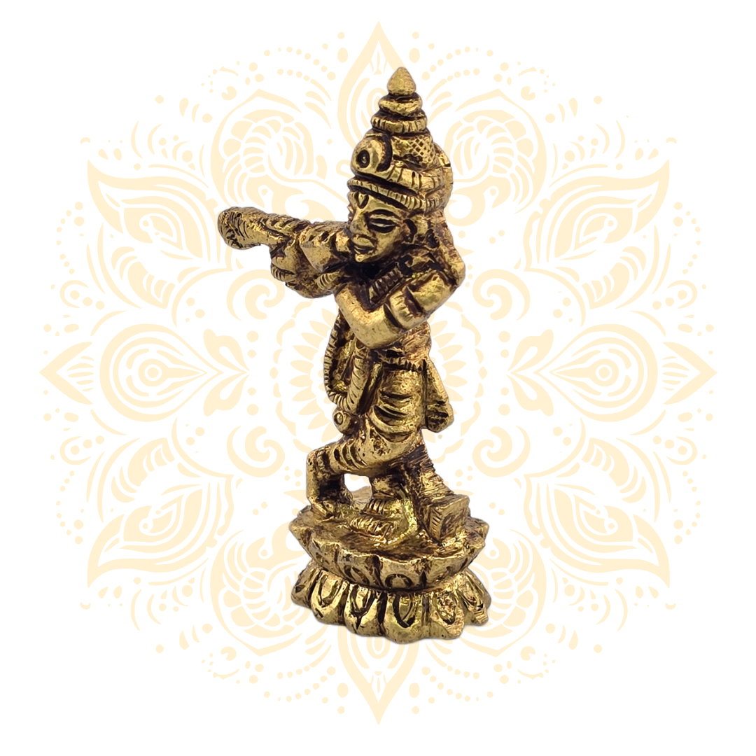 Brass Lord Krishna Statue 3" Flute Playing - Matchless Gifts
