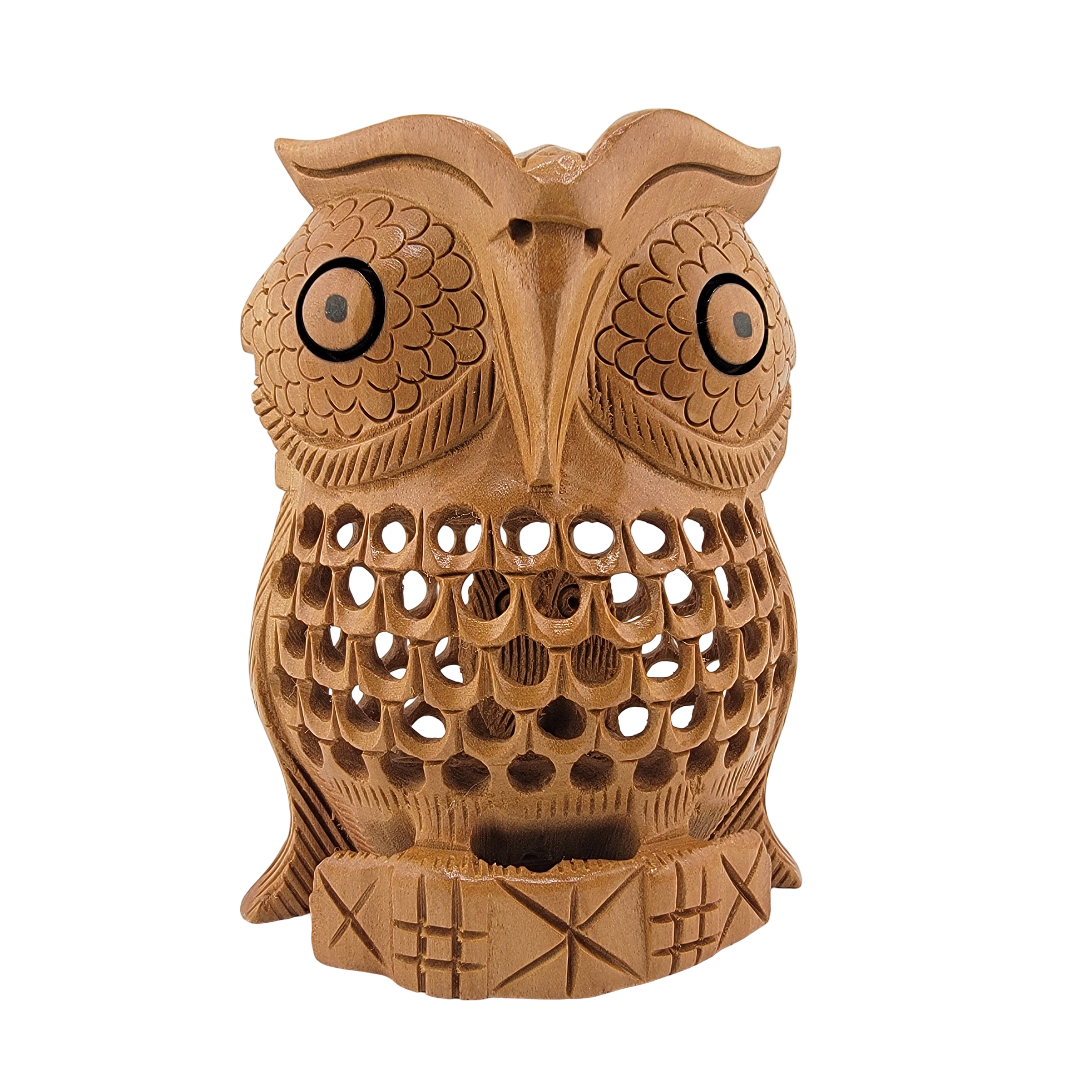 Wooden Jali Took Owl – Hand-Carved with Undercut Inner Owl - Matchless Gifts3