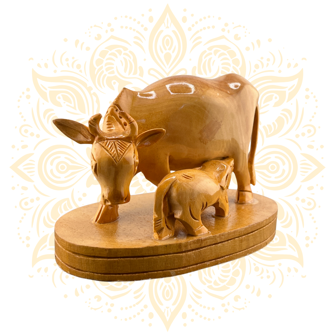 Hand-Carved Wooden Cow and Calf Murti 3" - Matchless Gifts4