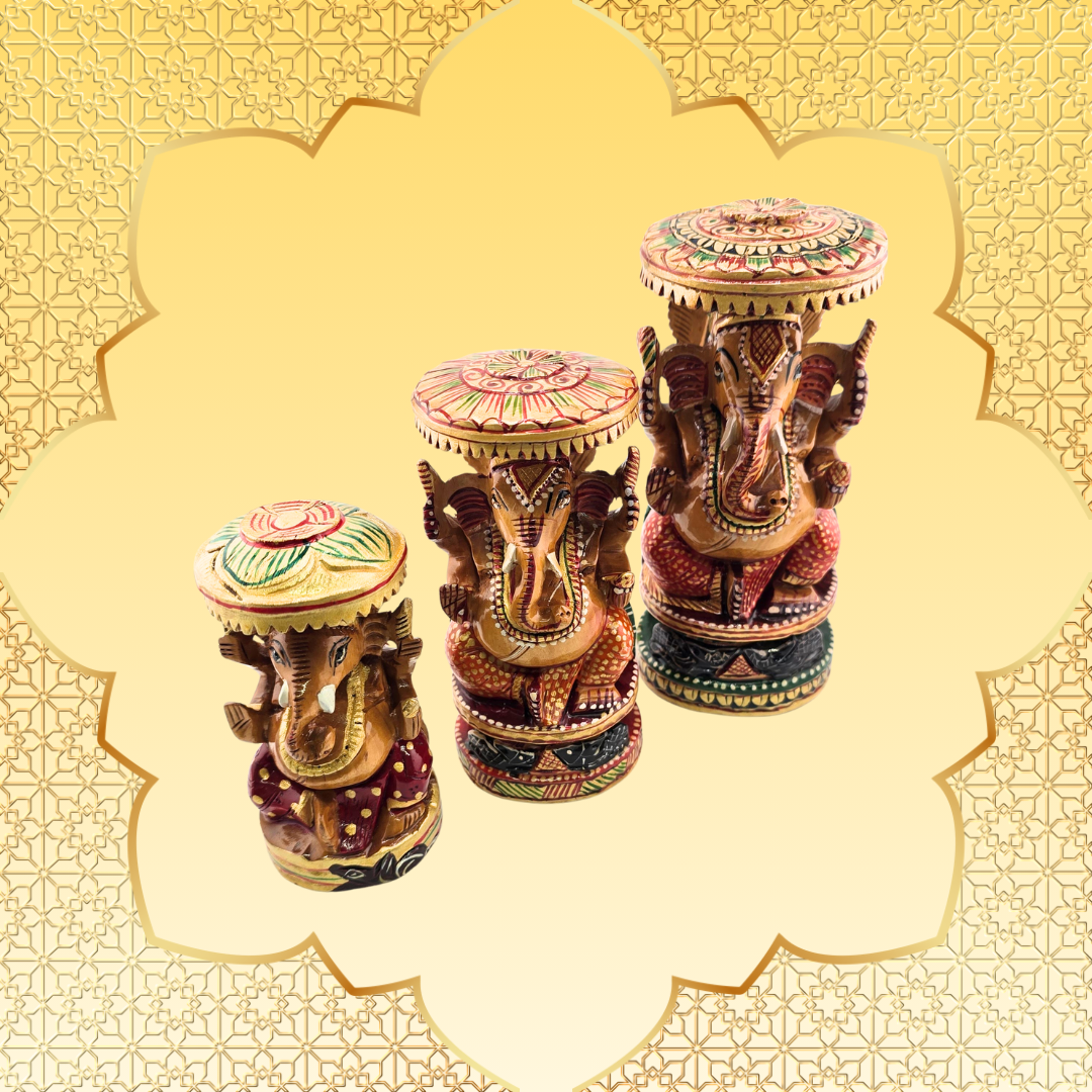 Hand-Carved Wooden Chatri Ganesh