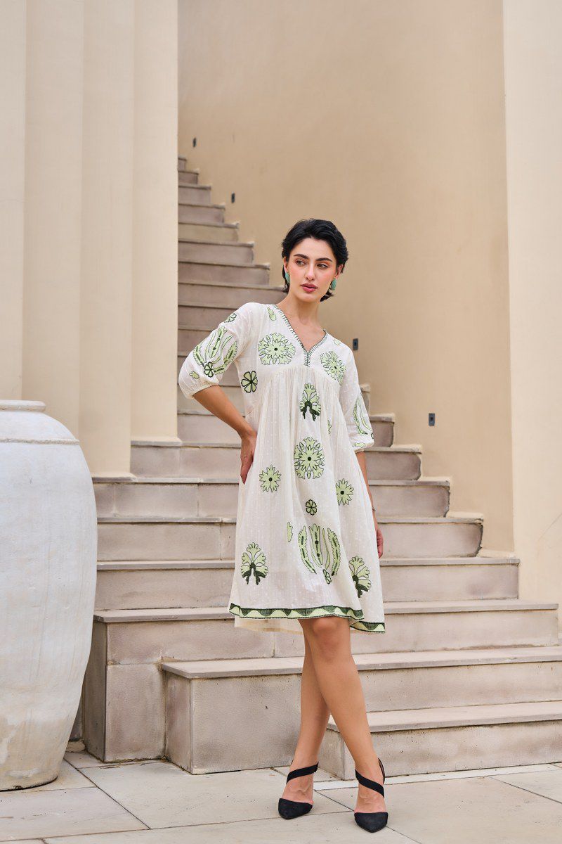 Women's Cotton Green Embroidered Dress - Matchless Gifts