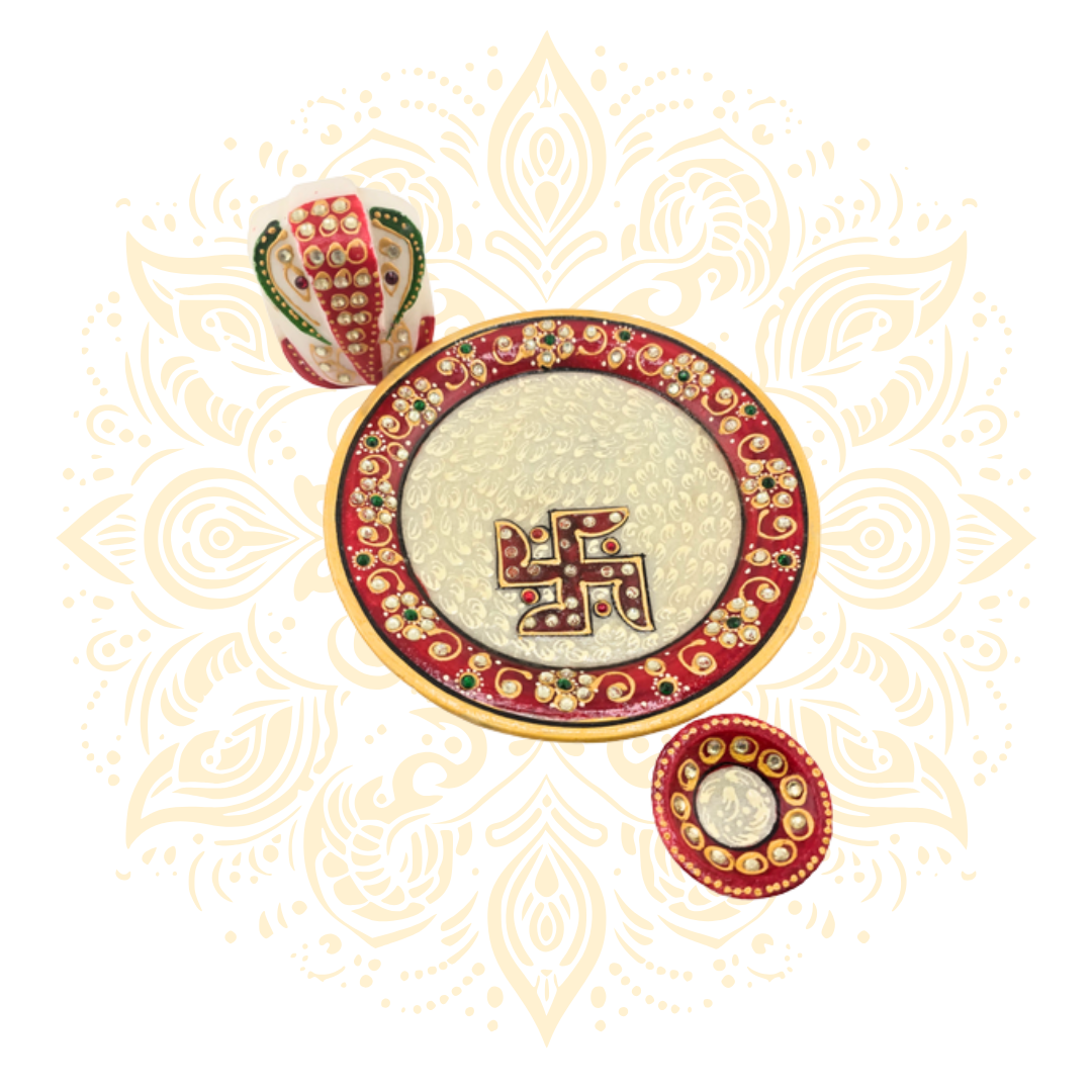 Marble Ganesh Chowki Plate w/ Diya 6" - Matchless Gifts