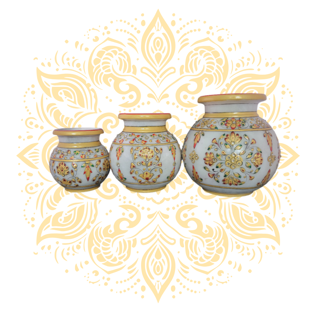 Hand-Painted Marble Matki w/ Floral Designs & Gem Accents - Matchless Gifts1