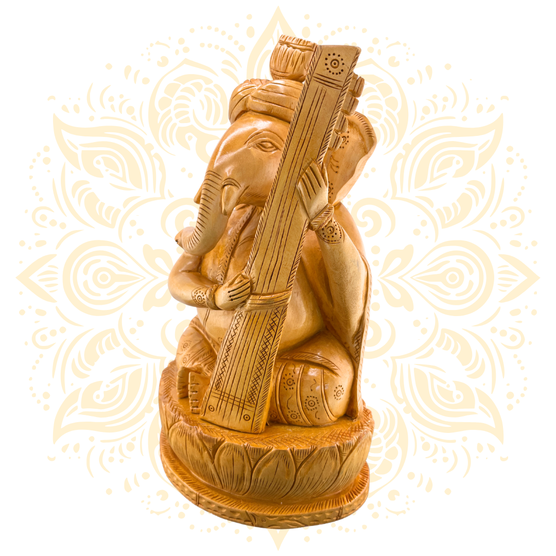 Hand-Carved Wooden Ganesh w/ Veena 10" - Matchless Gifts4