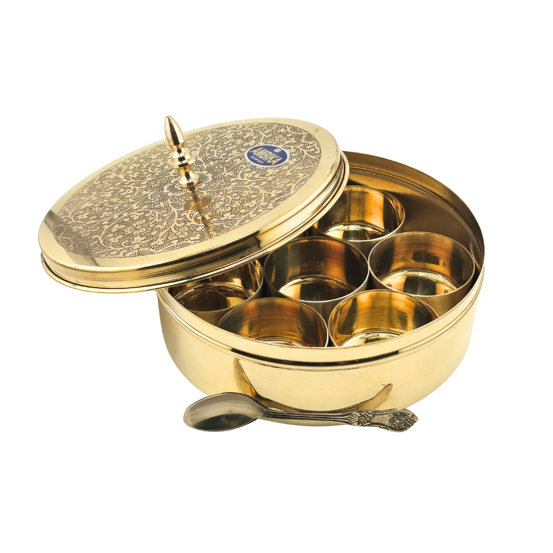 Brass Spice Container Masala Dabba w/ Spoon - Matchless Gifts4