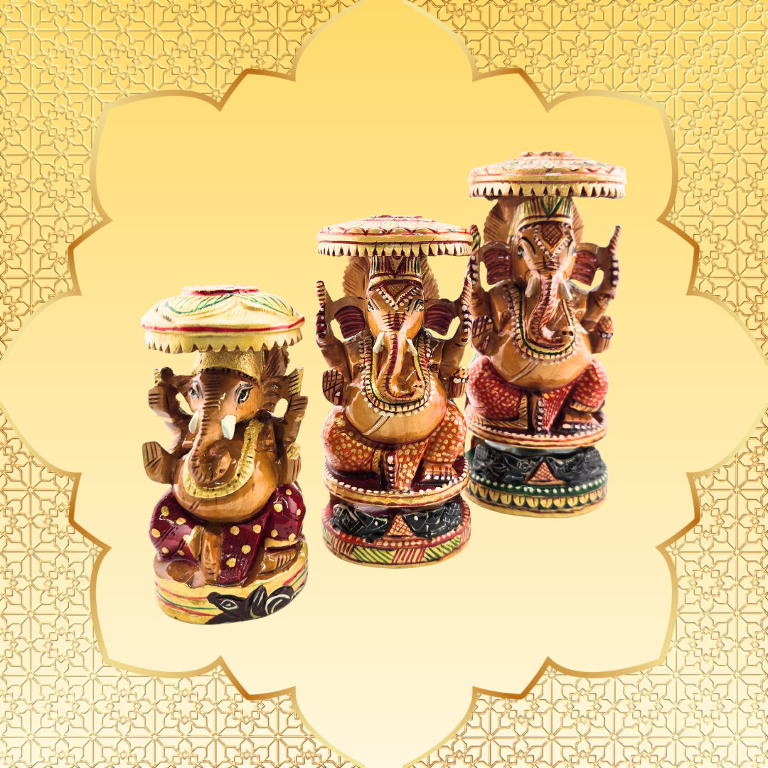 Hand-Carved Wooden Chatri Ganesh