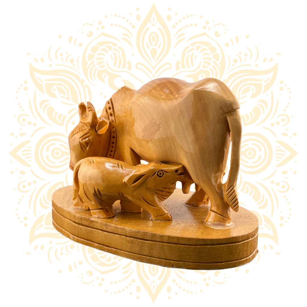 Hand-Carved Wooden Cow and Calf Murti 3" - Matchless Gifts3