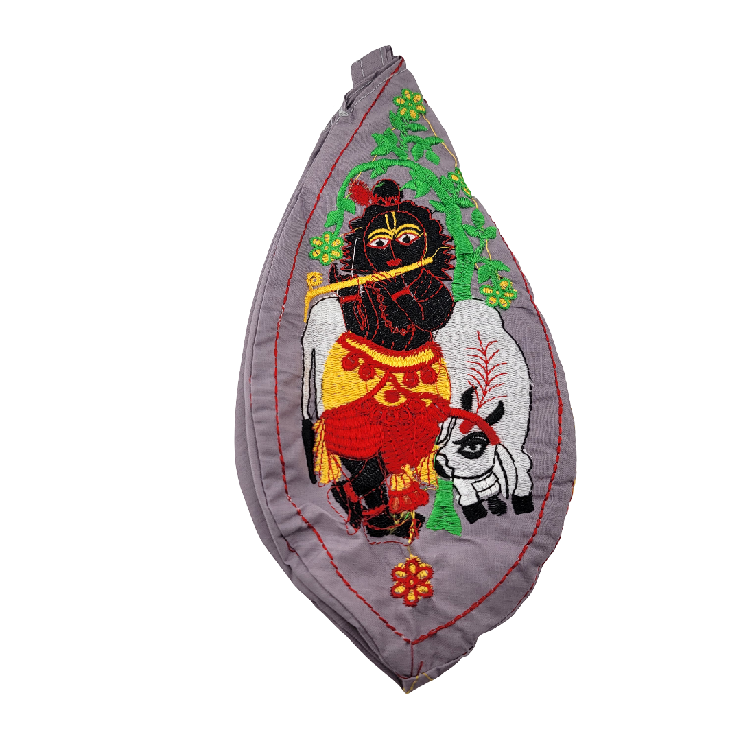 Embroidered Japa Bead Bag - Krishna w/ Cow (10 Colors) - Matchless Gifts6