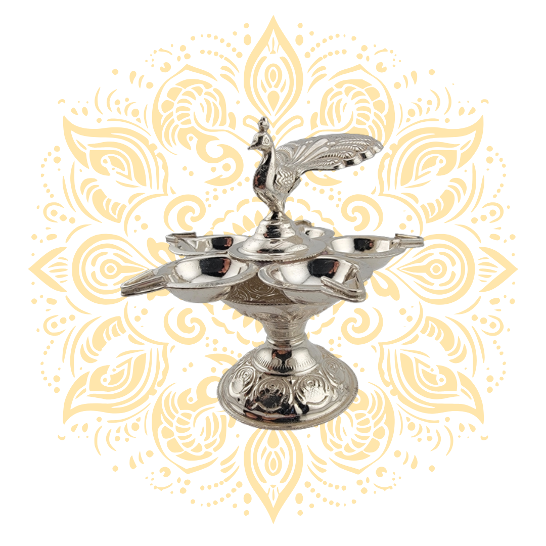 Silver Peacock Diya w/ Five Oil Holders 3" 42 Grams