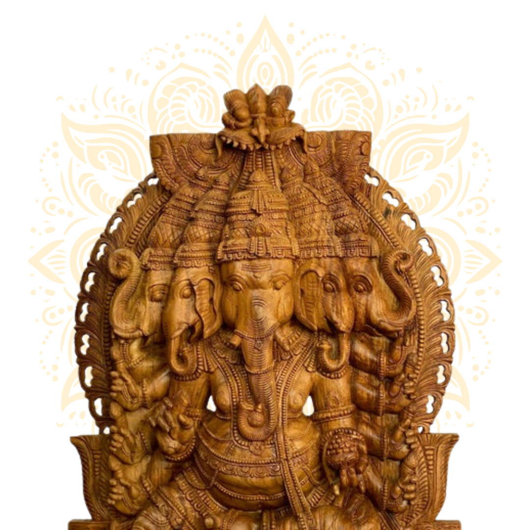 Hand-Carved Wooden Statue of Panchamukhi Ganesh 90"
