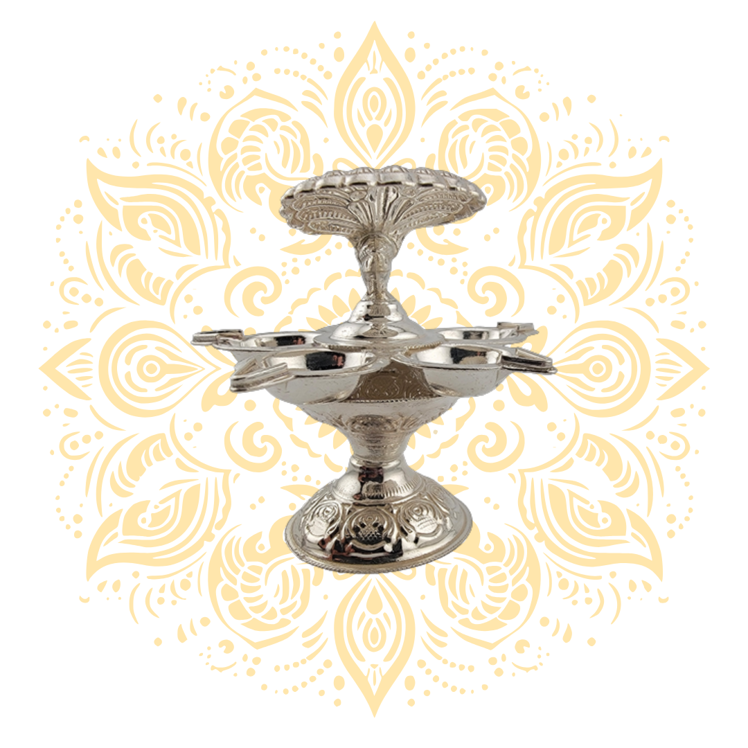 Silver Peacock Diya w/ Five Oil Holders 3" 42 Grams