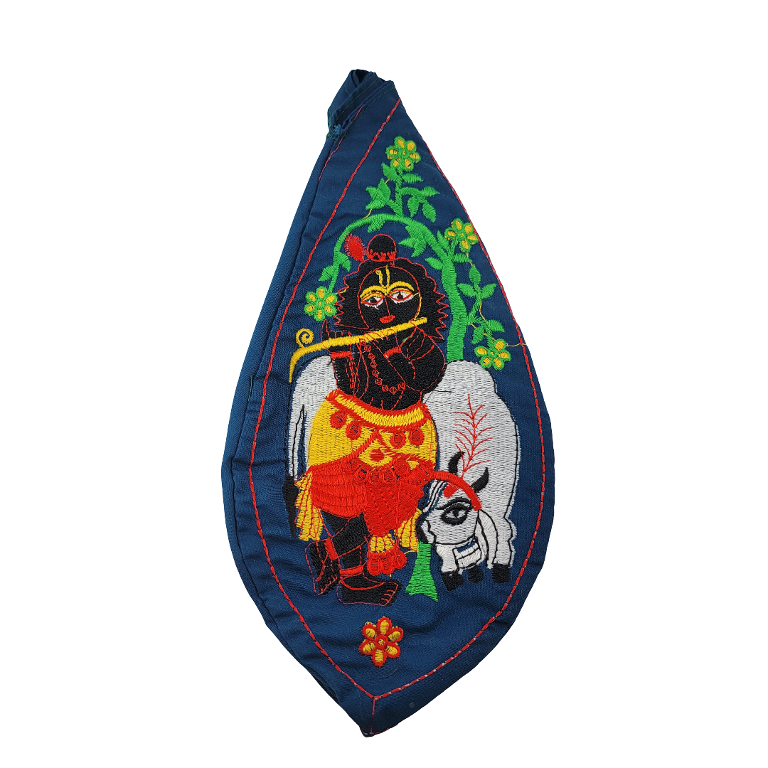 Embroidered Japa Bead Bag - Krishna w/ Cow (10 Colors) - Matchless Gifts10